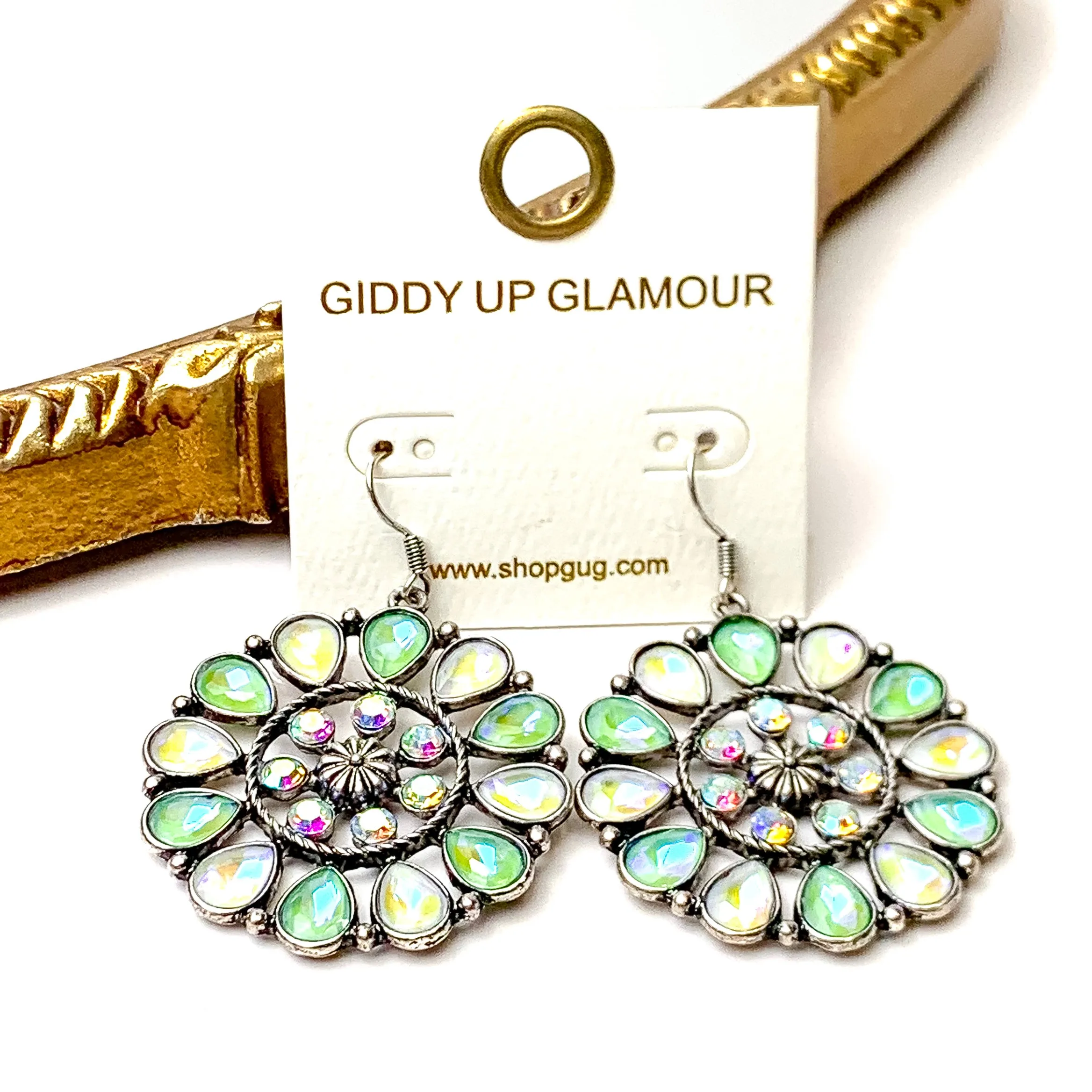 Desert Daisy Silver Tone Flower Concho Drop Earrings in Green and Ivory