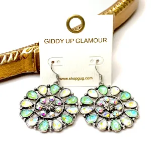 Desert Daisy Silver Tone Flower Concho Drop Earrings in Green and Ivory