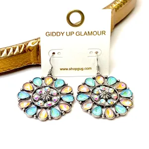 Desert Daisy Silver Tone Flower Concho Drop Earrings in Light Pink and Turquoise