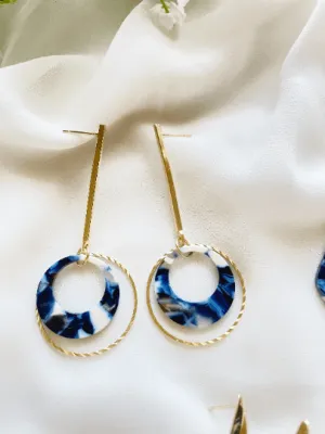 Disc double hoop shaped earrings | Marble effect Resin earrings | lucite acetate tortoiseshell | ocean multicolour drops dangle earrings