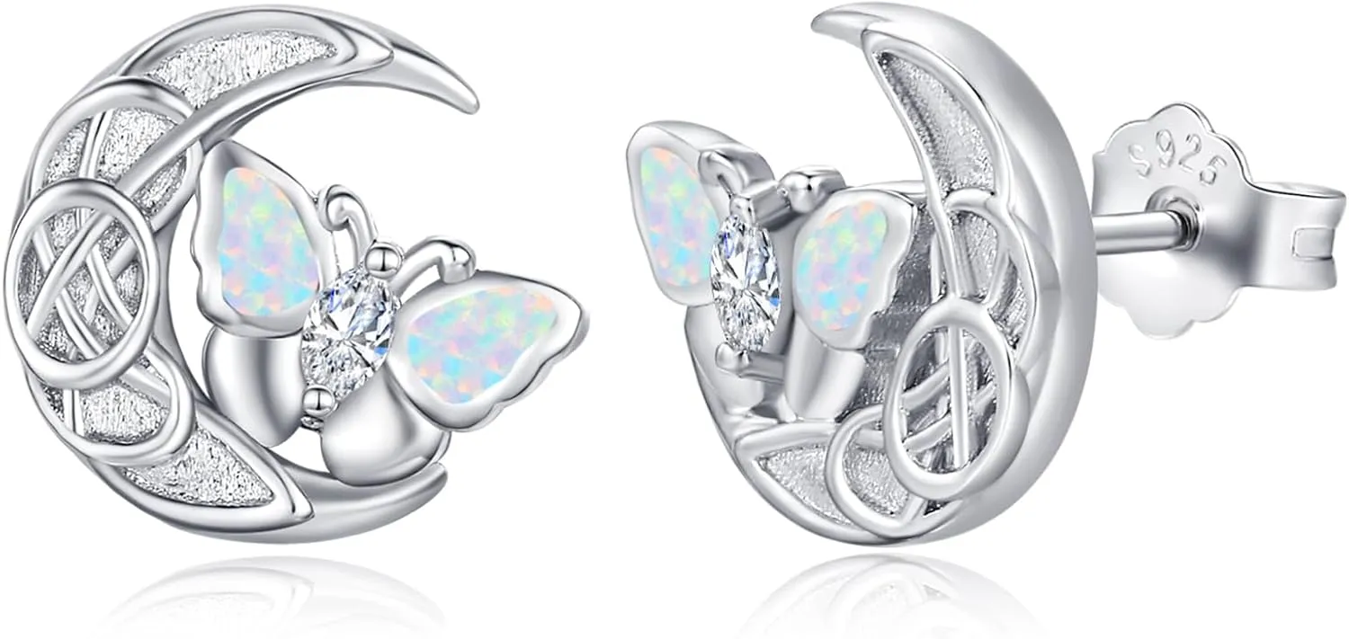 Dreamboat Opal Butterfly/Moon Butterfly Stud Earrings Sterling Silver Opal Butterfly Earrings Jewelry Gift for Women
