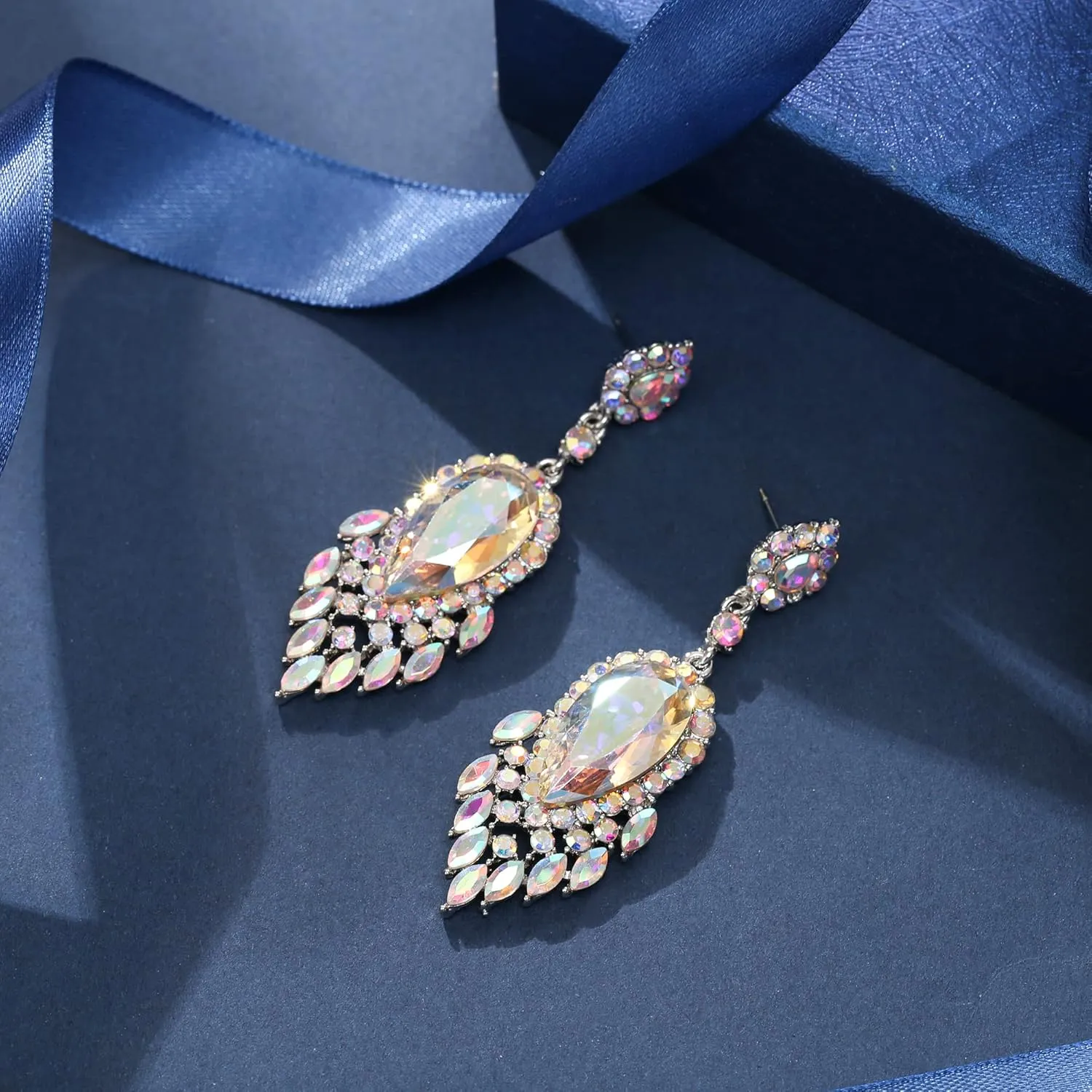 EleQueen Rhinestone Crystal Chandelier Earrings, Art Deco Marquise Teardrop Dangle Earrings Ladies Gifts