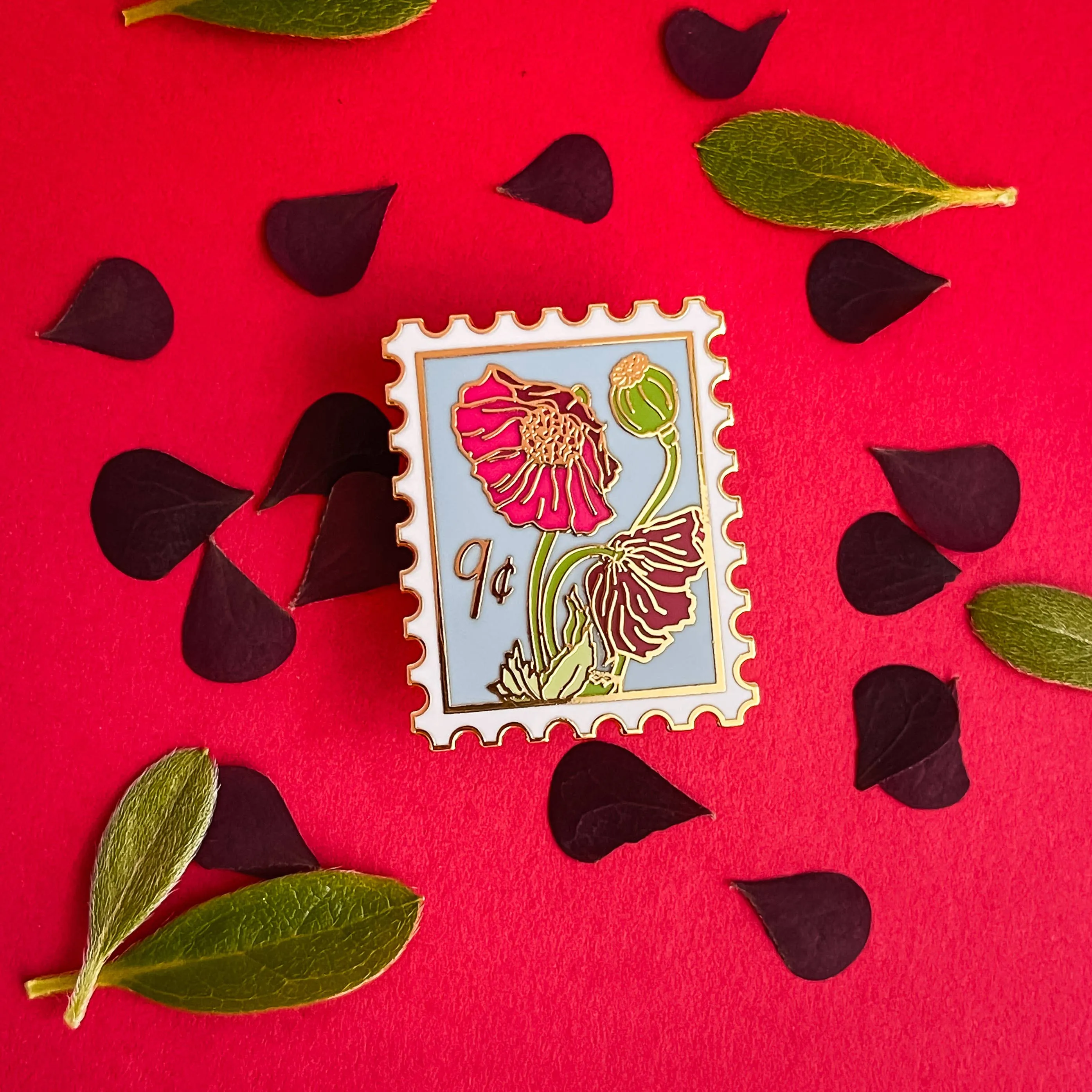 Enamel Pin | Postage Stamp {Poppies}