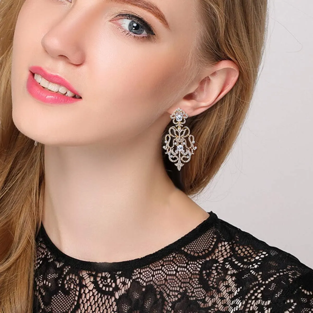 EVER FAITH Austrian Crystal Art Deco Flower Chandelier Dangle Earrings