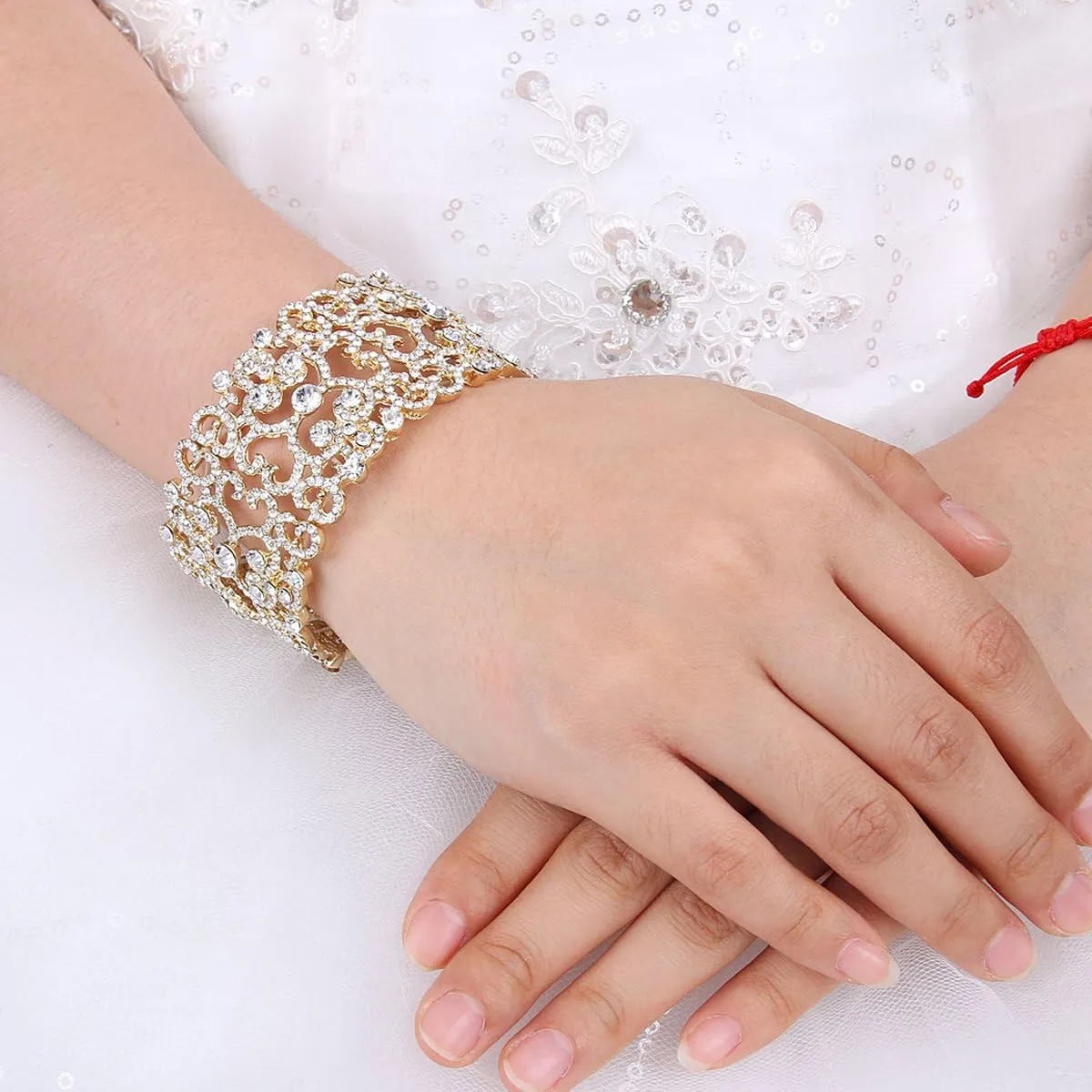 EVER FAITH Women's Austrian Crystal Bride Heart Art Deco Elastic Stretch Bracelet Clear