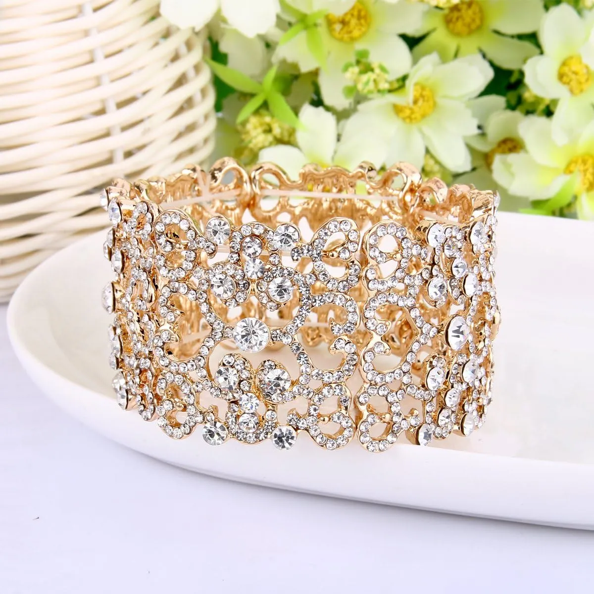EVER FAITH Women's Austrian Crystal Bride Heart Art Deco Elastic Stretch Bracelet Clear