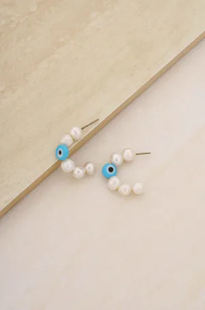 Evil Eye and Pearl Hoop Earrings