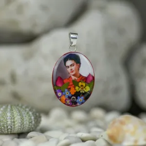 Frida Kahlo in Scarf Mexican Flowers Medium Pendant
