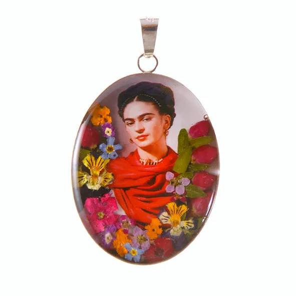 Frida Kahlo in Scarf Mexican Flowers Medium Pendant