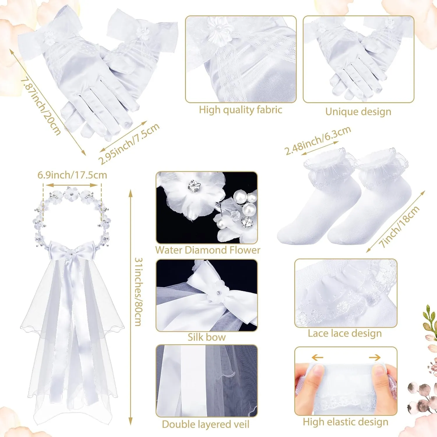 Funtery 6 Pcs First Communion Veils Set 1st Communion Shawl Wreath Veil Headpiece Glove Sock Necklace Bracelet Kid