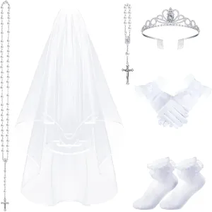 Funtery 6 Pcs Girls First Communion Veils Catholic Set 1st Communion Wreath Veil Headpiece Sock Necklace Bracelet Kid Wedding