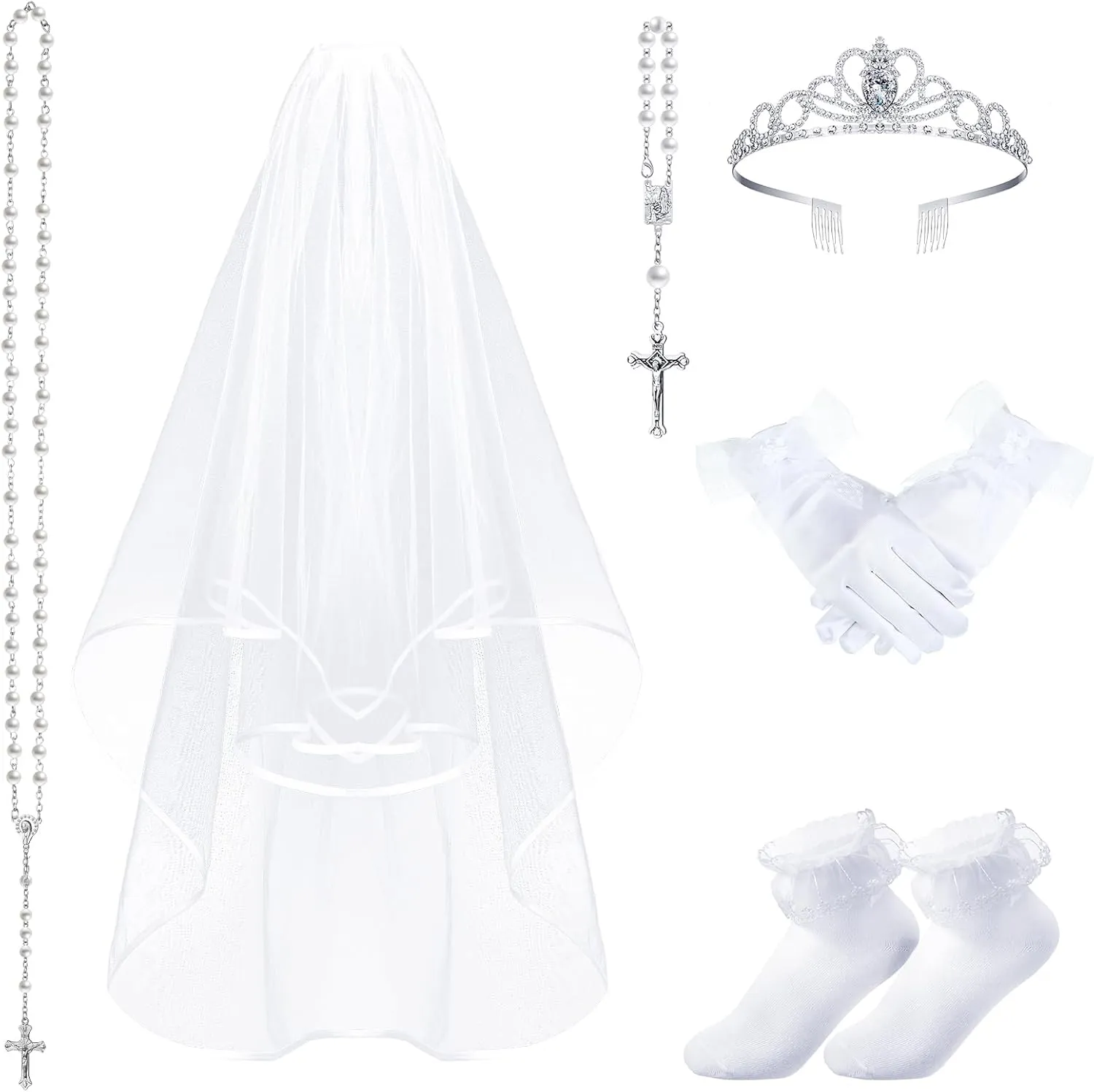 Funtery 6 Pcs Girls First Communion Veils Catholic Set 1st Communion Wreath Veil Headpiece Sock Necklace Bracelet Kid Wedding