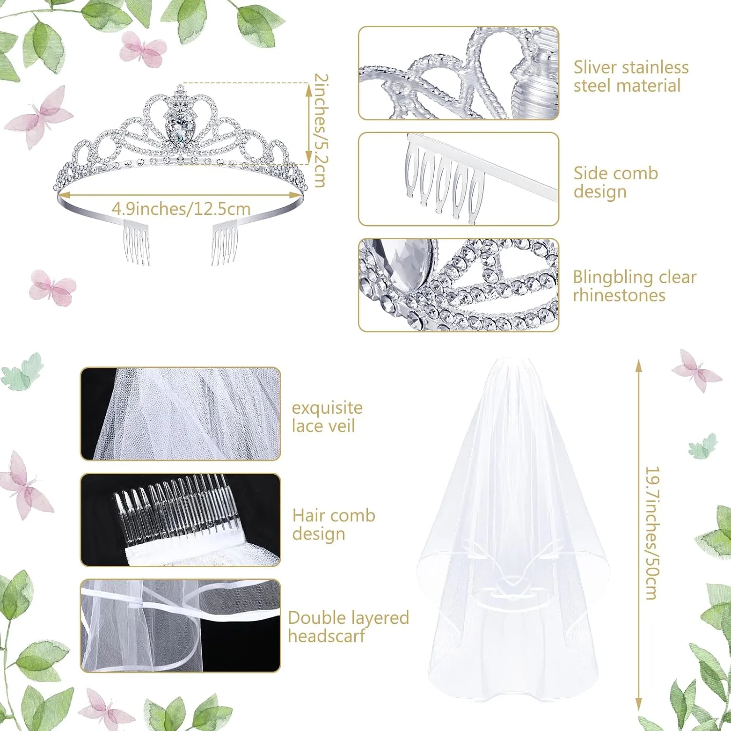 Funtery 6 Pcs Girls First Communion Veils Catholic Set 1st Communion Wreath Veil Headpiece Sock Necklace Bracelet Kid Wedding