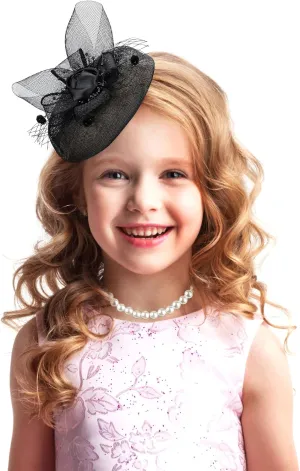 Girls Fascinators Derby Hat - Black Veil Pearl Choker Necklace Set Kentucky Fascinator Mesh Veil Flower Headwear Funeral Church Tea Party Hat 1920s Accessories for Kids