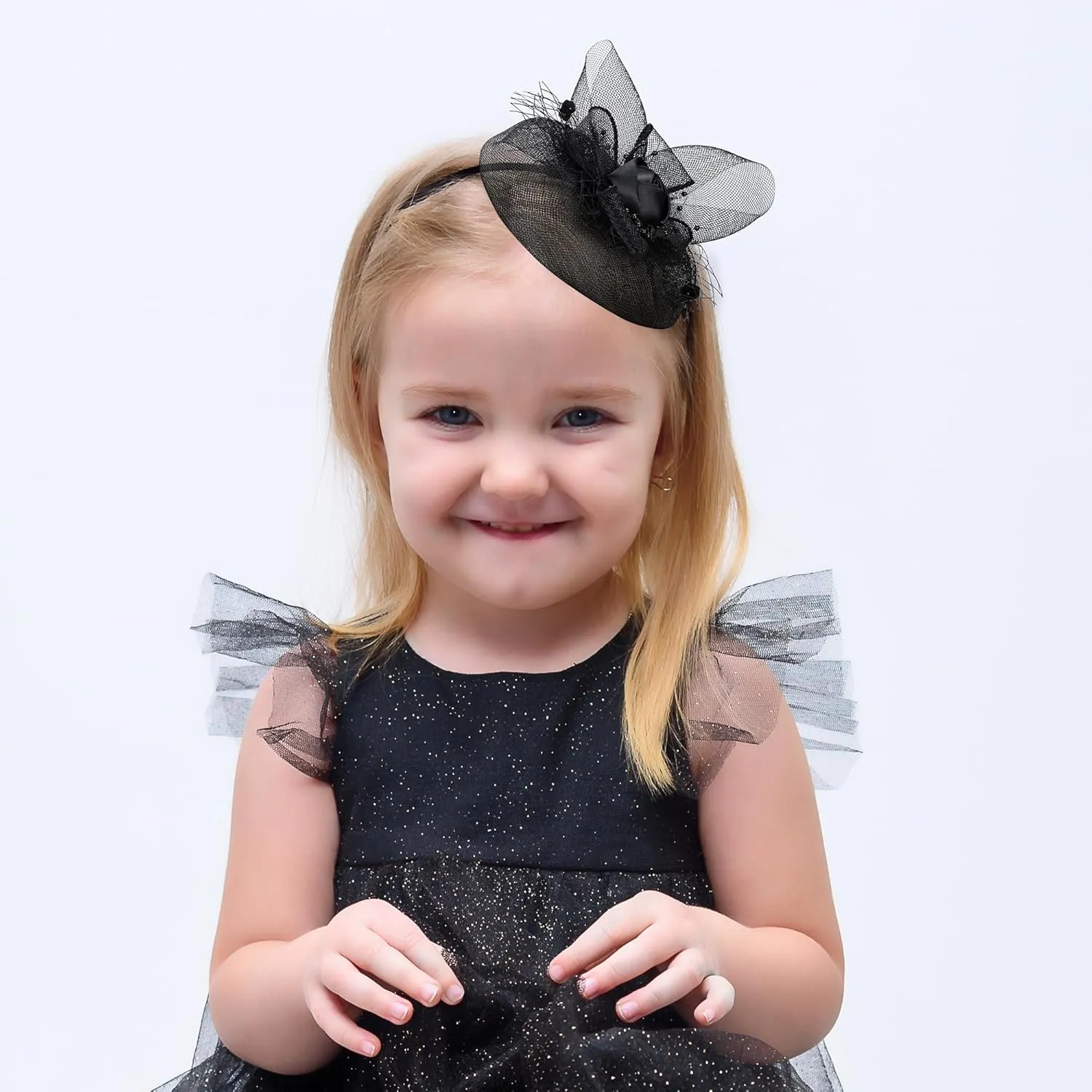 Girls Fascinators Derby Hat - Black Veil Pearl Choker Necklace Set Kentucky Fascinator Mesh Veil Flower Headwear Funeral Church Tea Party Hat 1920s Accessories for Kids