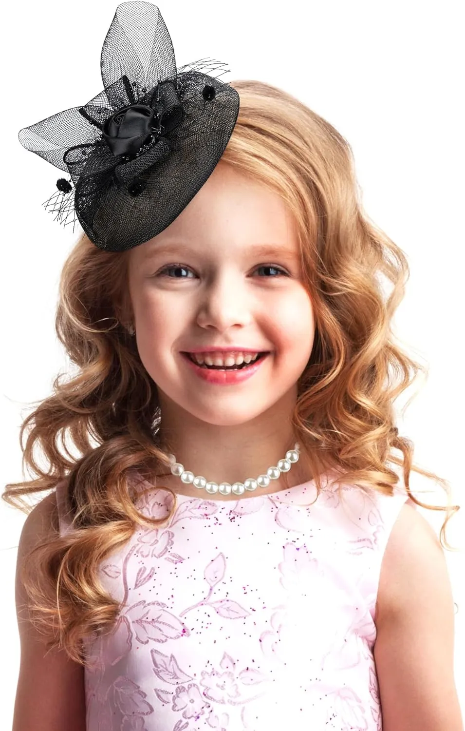 Girls Fascinators Derby Hat - Black Veil Pearl Choker Necklace Set Kentucky Fascinator Mesh Veil Flower Headwear Funeral Church Tea Party Hat 1920s Accessories for Kids