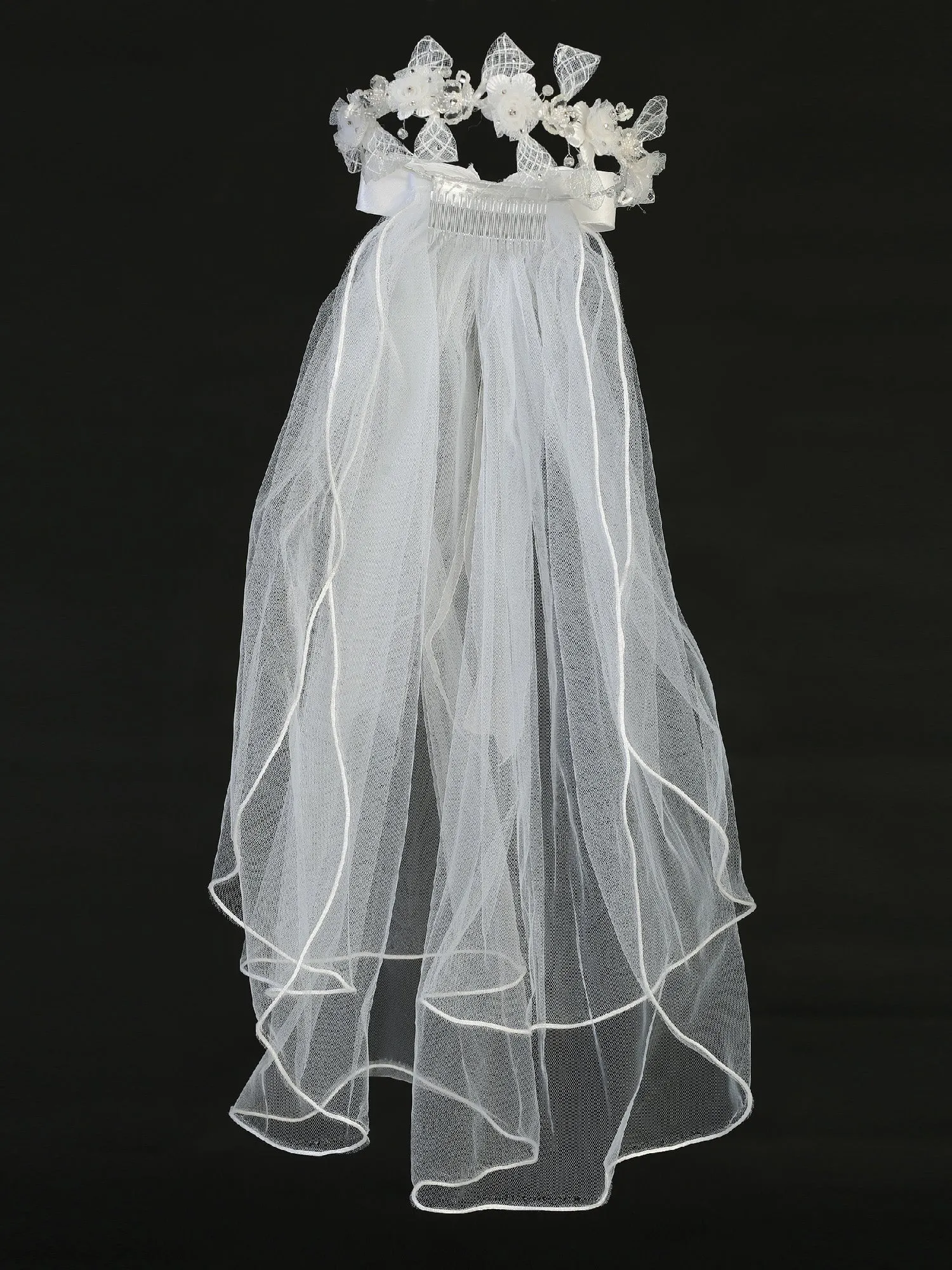 Girls White 24 Inch Organza Flower Lace Ribbon Satin Bow Communion Veil
