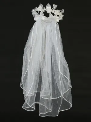 Girls White 24 Inch Organza Flower Lace Ribbon Satin Bow Communion Veil