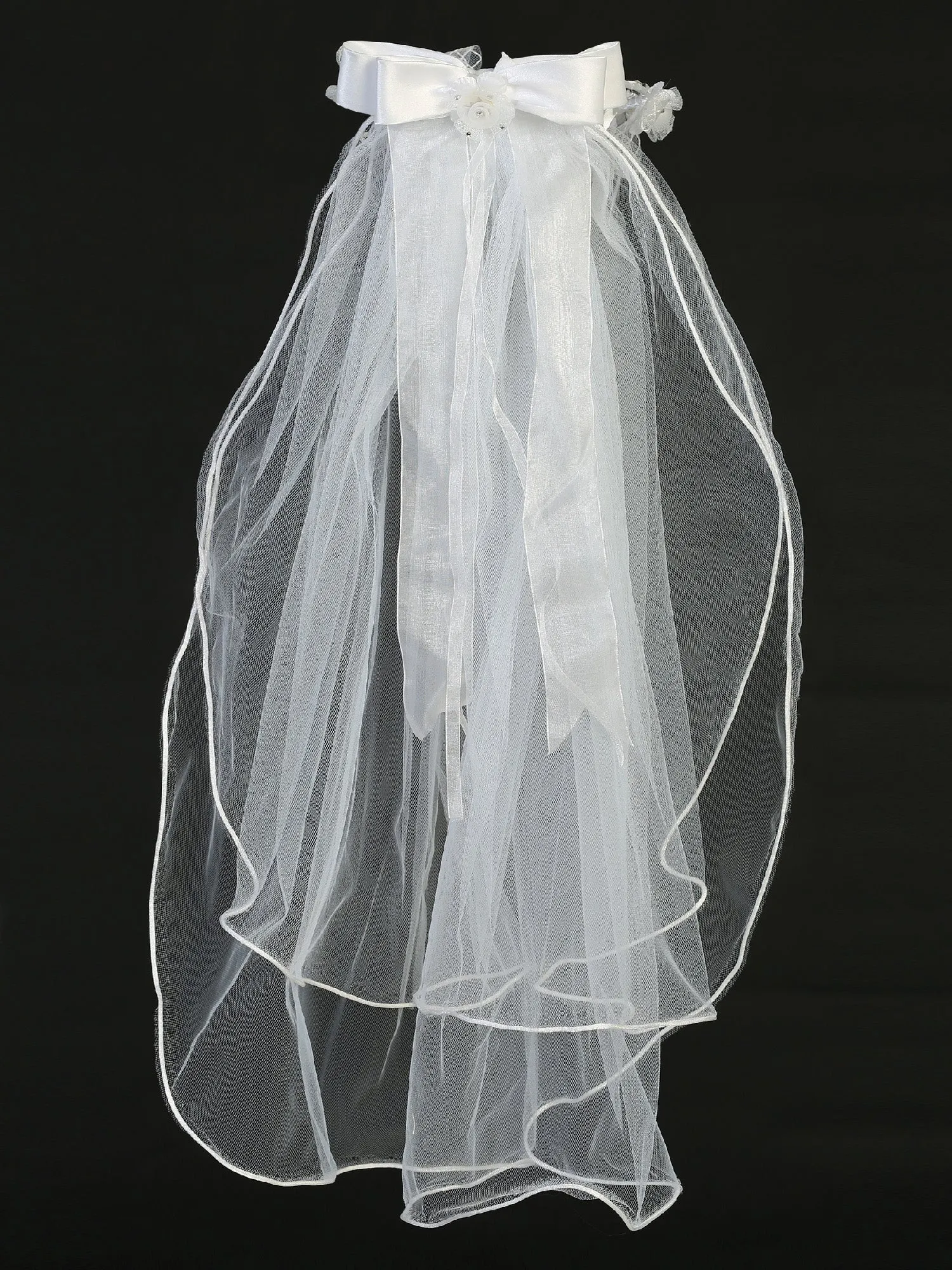 Girls White 24 Inch Organza Flower Lace Ribbon Satin Bow Communion Veil