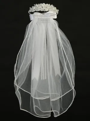Girls White 24 Inch Rhinestone Beads Satin Bow Comb Communion Veil