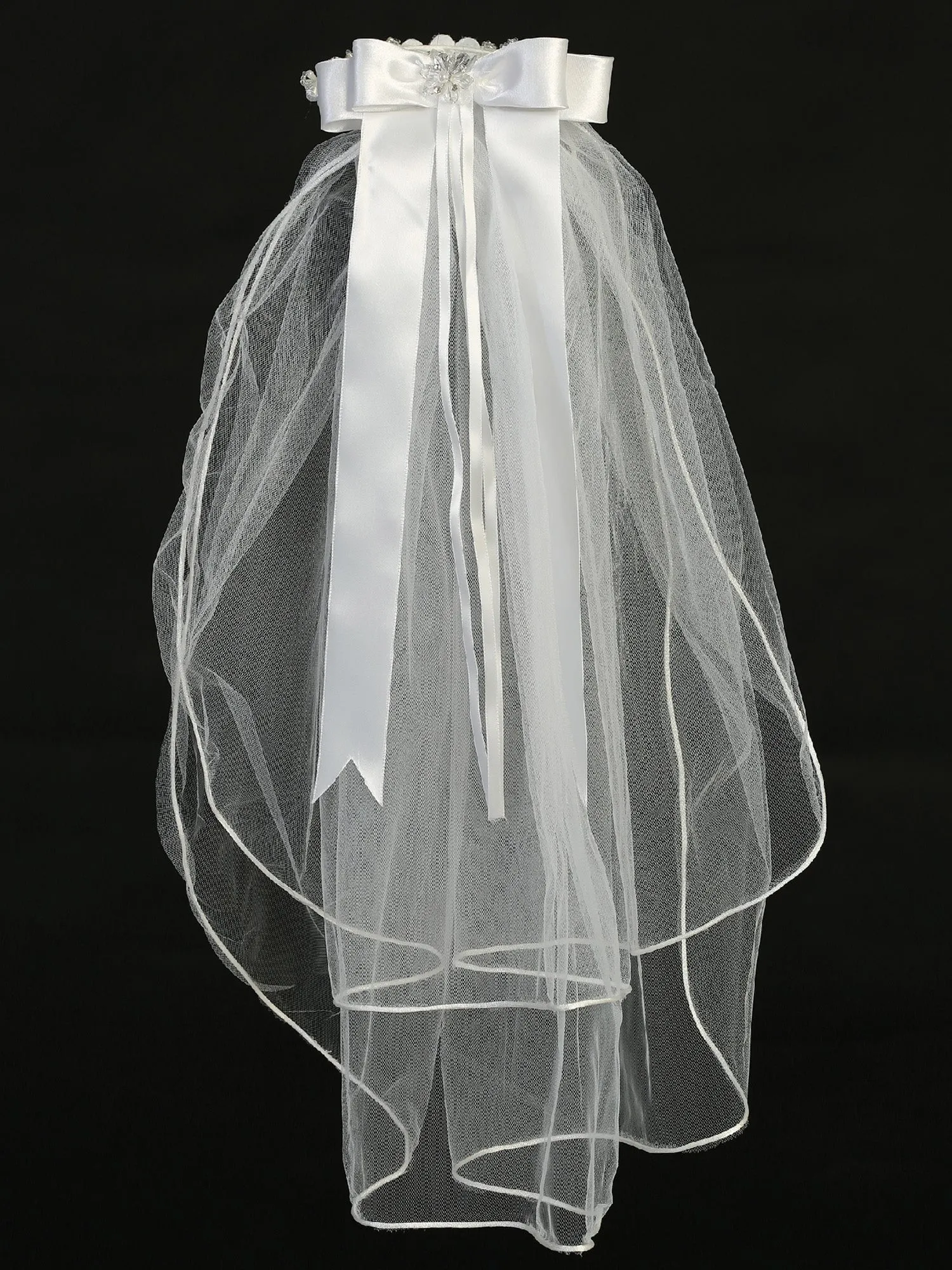 Girls White 24 Inch Rhinestone Beads Satin Bow Comb Communion Veil