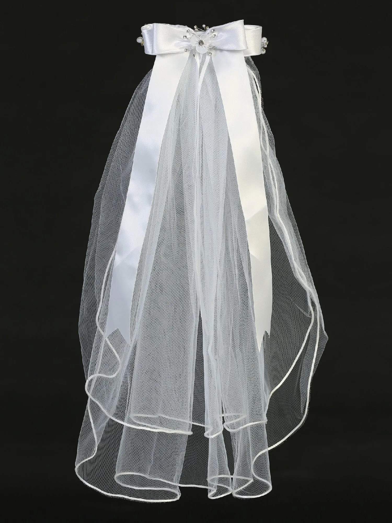 Girls White 24 Inch Rhinestone Pearl Organza Flower Bow Communion Veil