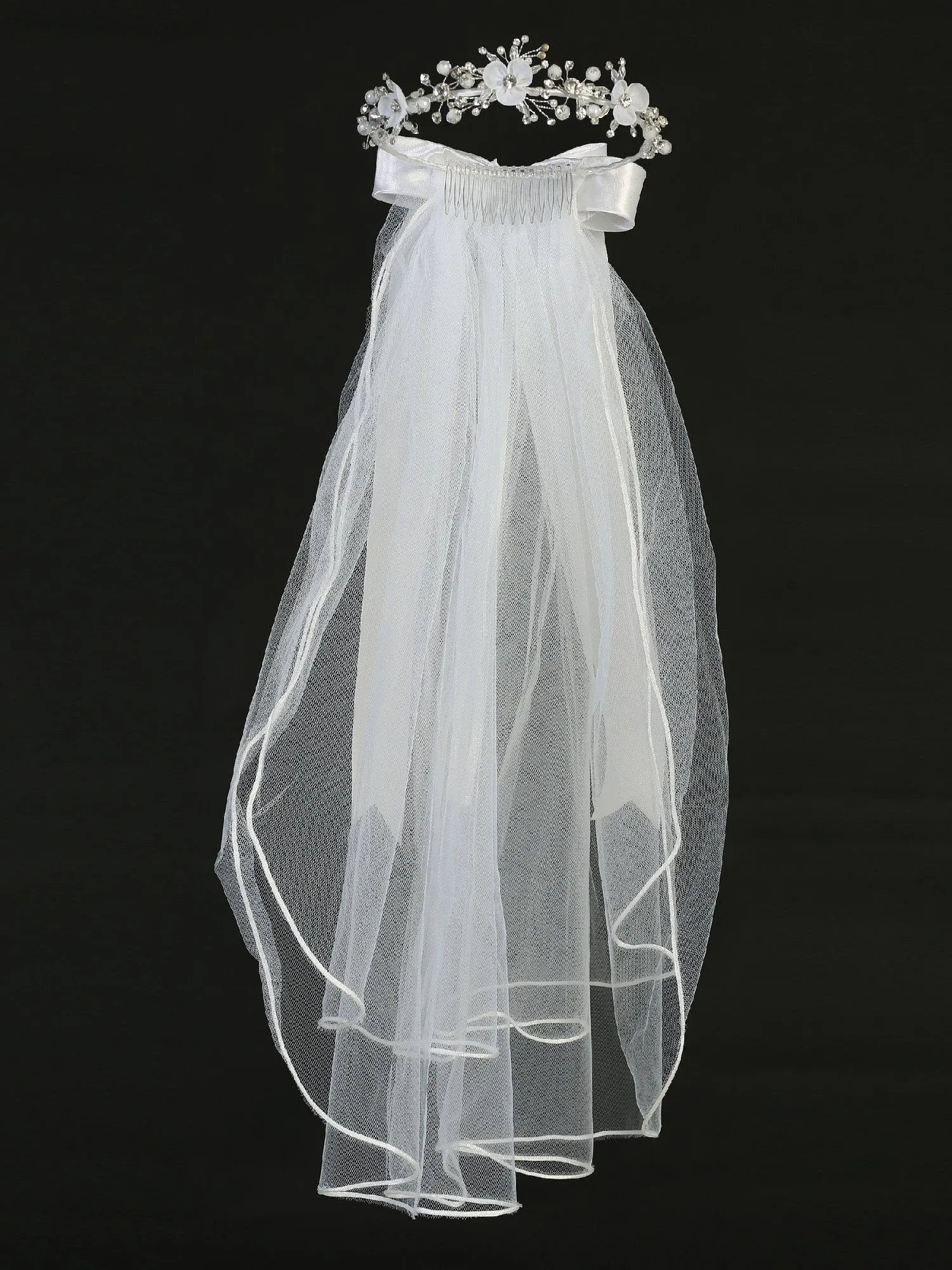 Girls White 24 Inch Rhinestone Pearl Organza Flower Bow Communion Veil