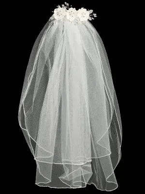 Girls White 24 Inch Rhinestone Pearl Silk Organza Flower Comb Communion Veil