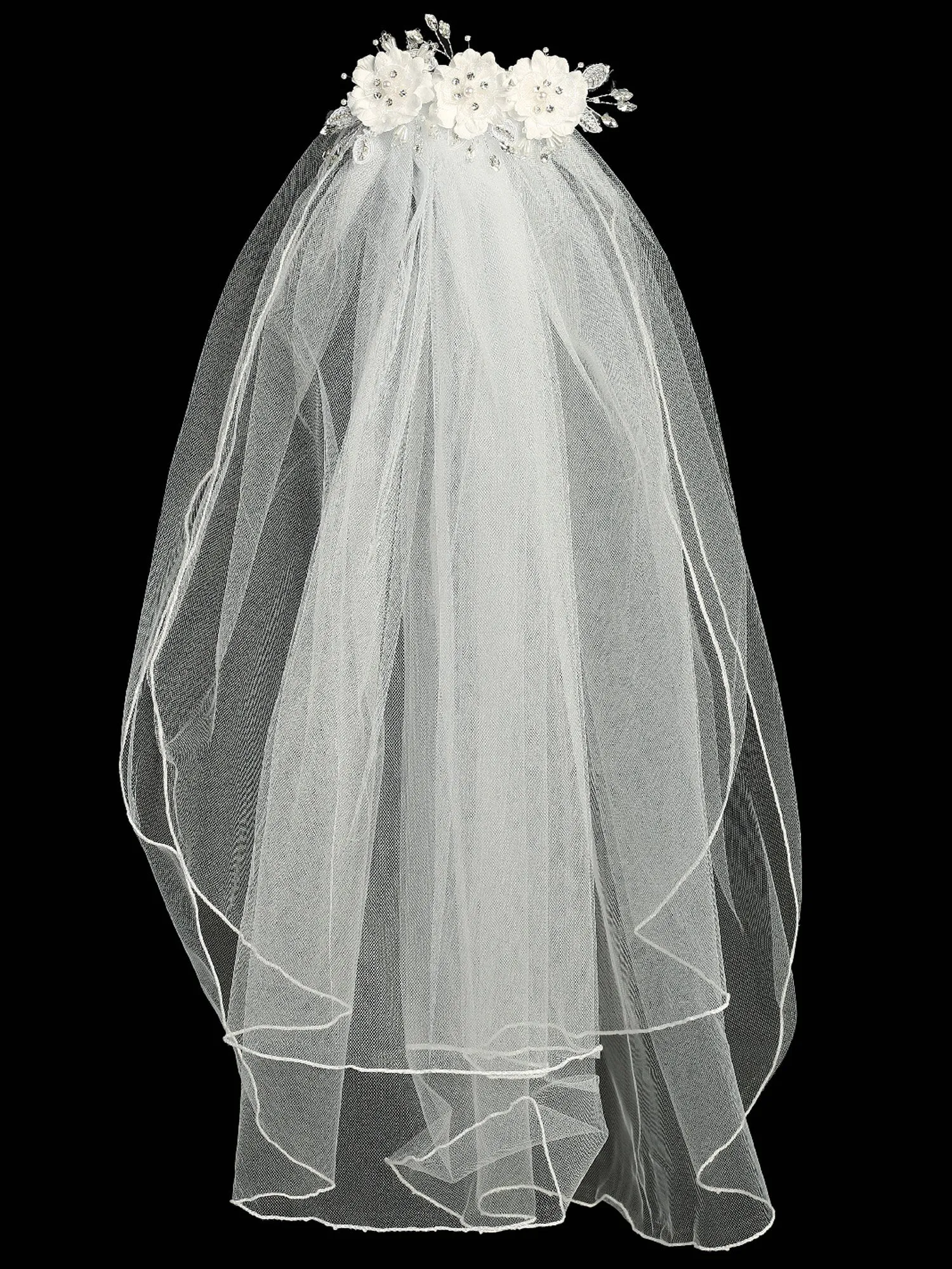 Girls White 24 Inch Rhinestone Pearl Silk Organza Flower Comb Communion Veil