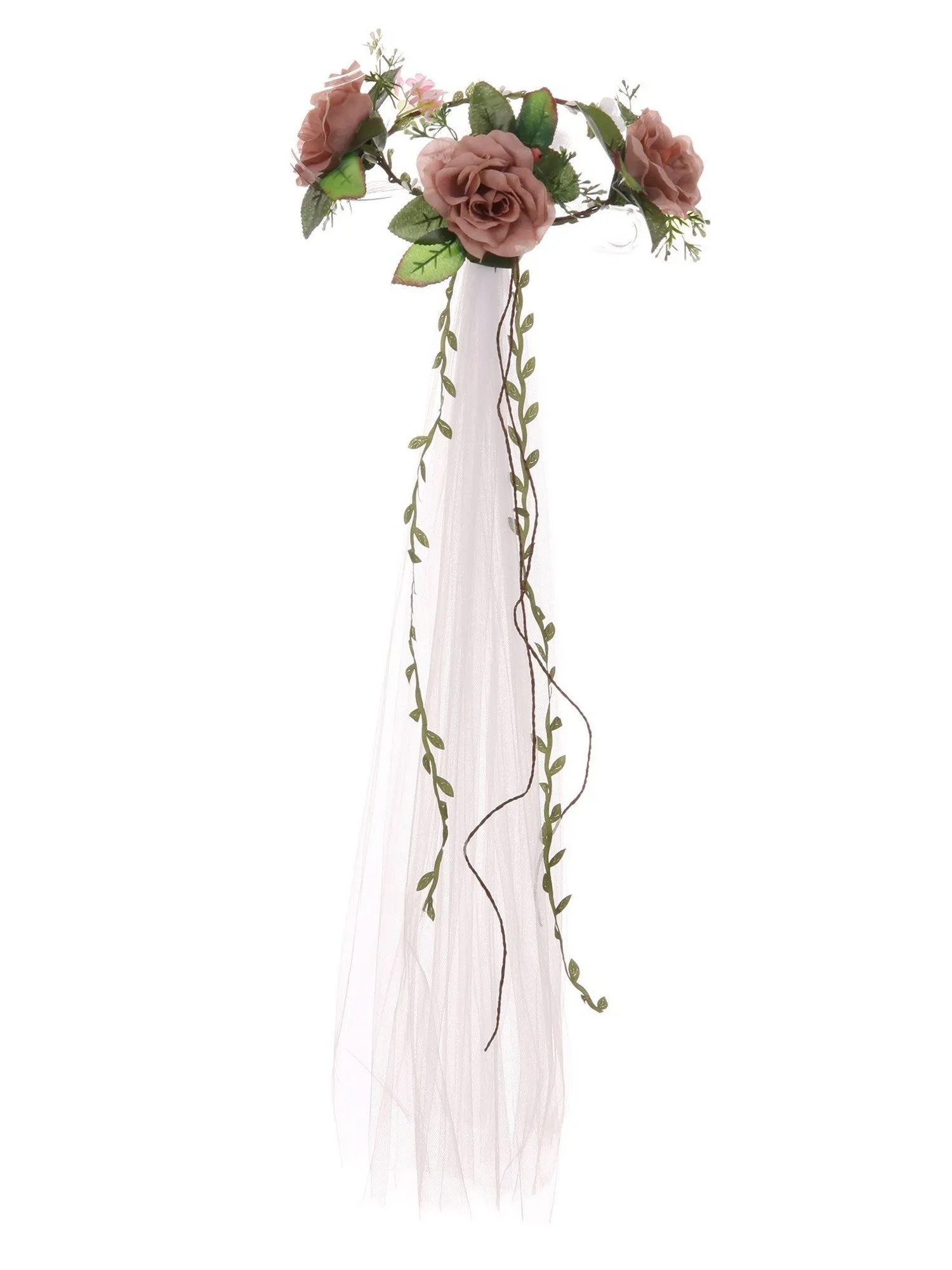 Girls White Pink Rose Embellished Crown Tulle Communion Flower Girl Veil