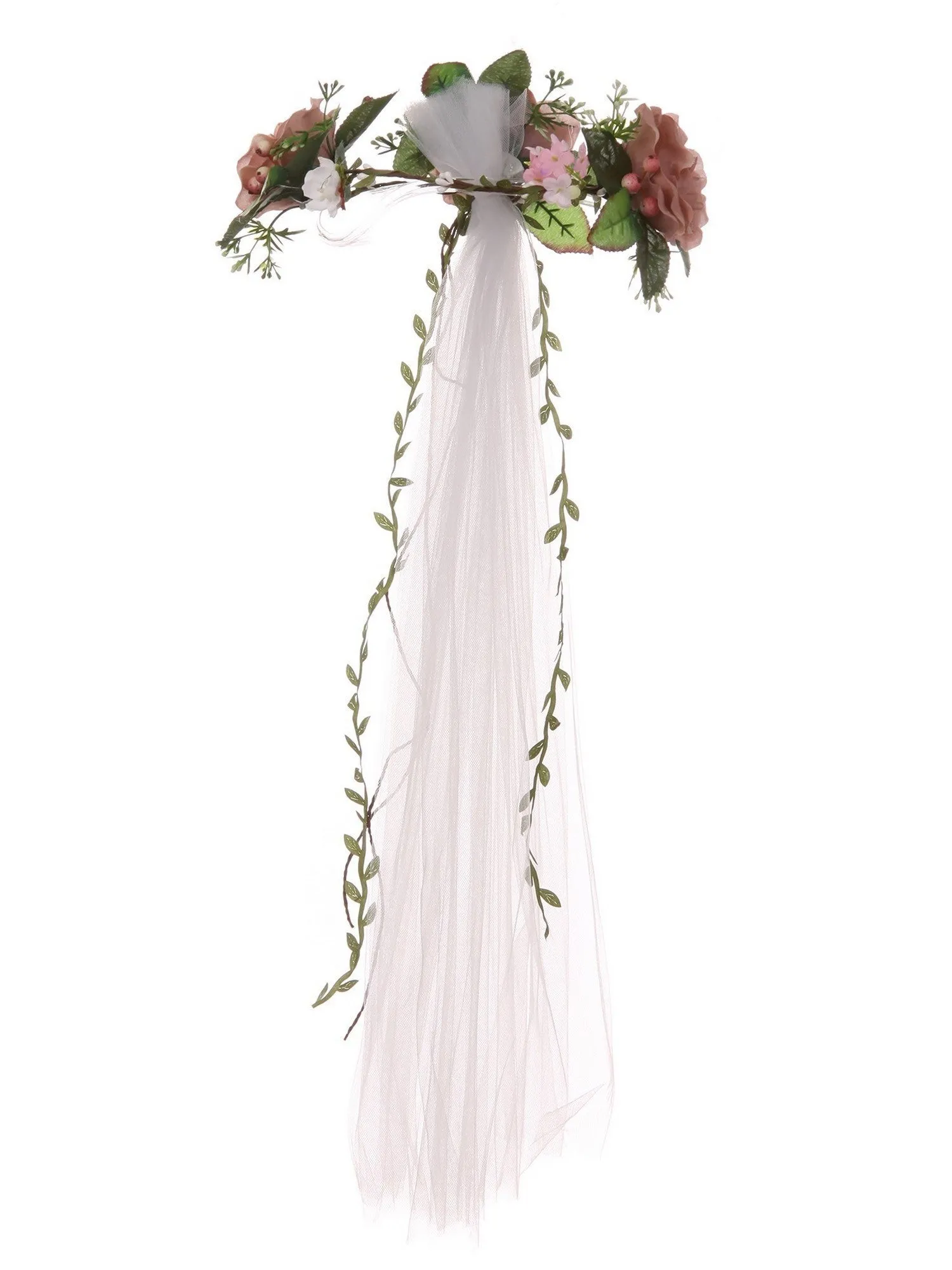 Girls White Pink Rose Embellished Crown Tulle Communion Flower Girl Veil