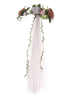 Girls White Pink Rose Embellished Crown Tulle Communion Flower Girl Veil