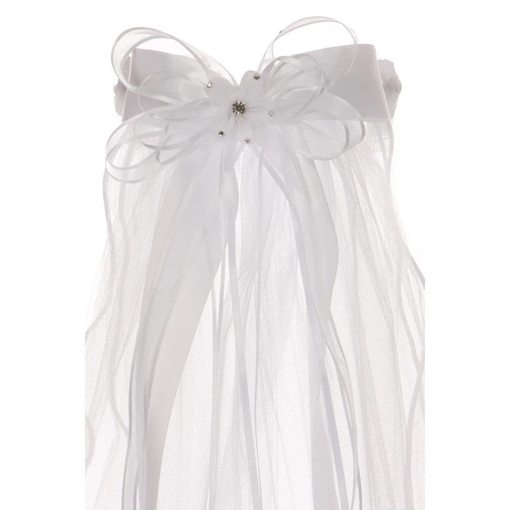 Girls White Rhinestone Double Layer Communion Flower Girl Tiara Veil