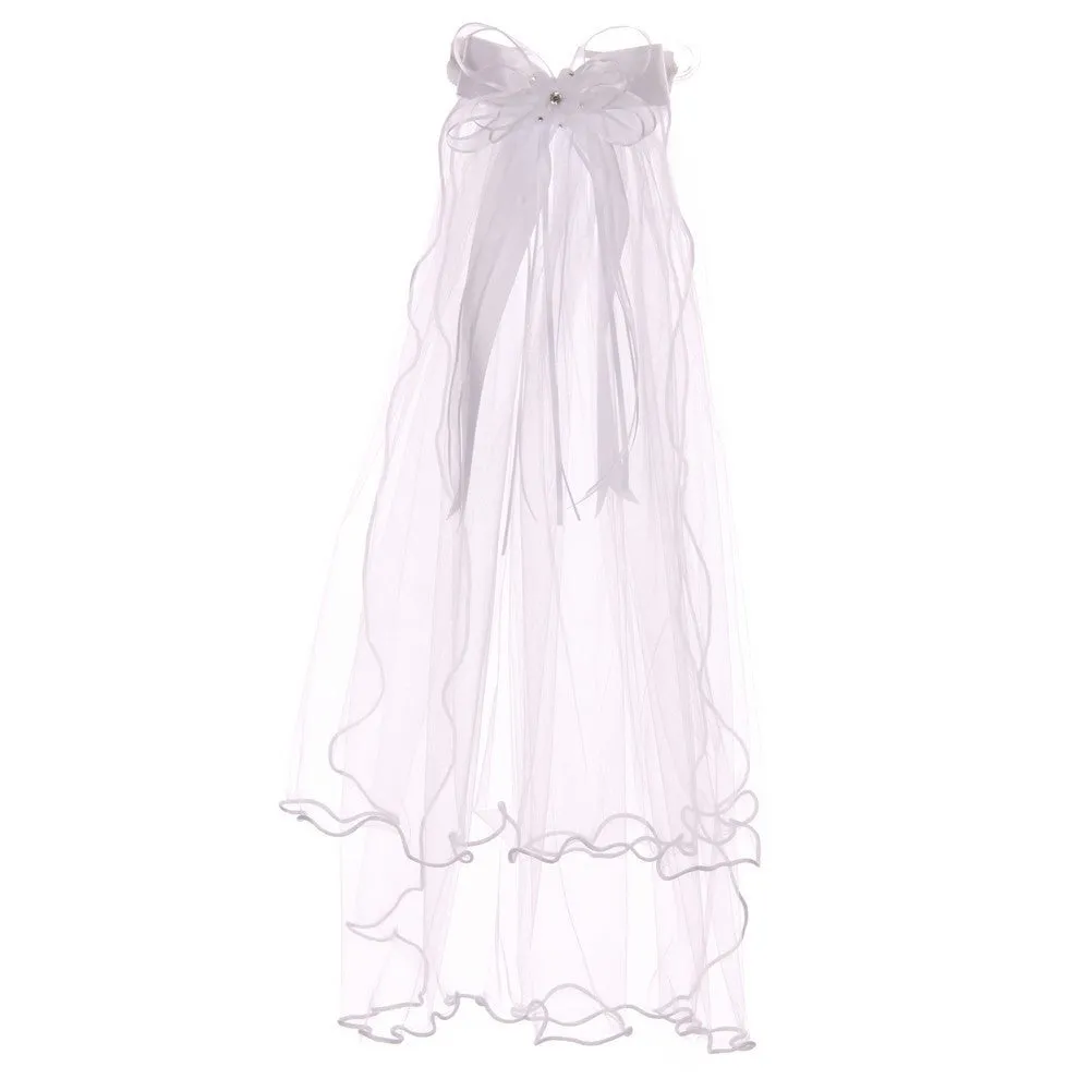 Girls White Rhinestone Double Layer Communion Flower Girl Tiara Veil
