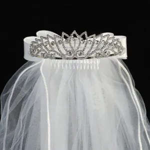 Girls White Rhinestone Satin Bow Special Occasion 24" Veil Tiara