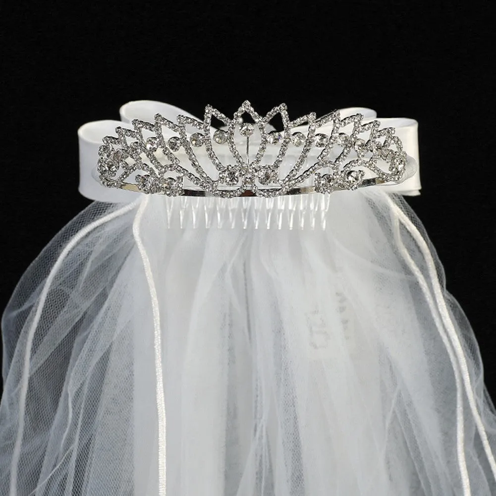 Girls White Rhinestone Satin Bow Special Occasion 24" Veil Tiara