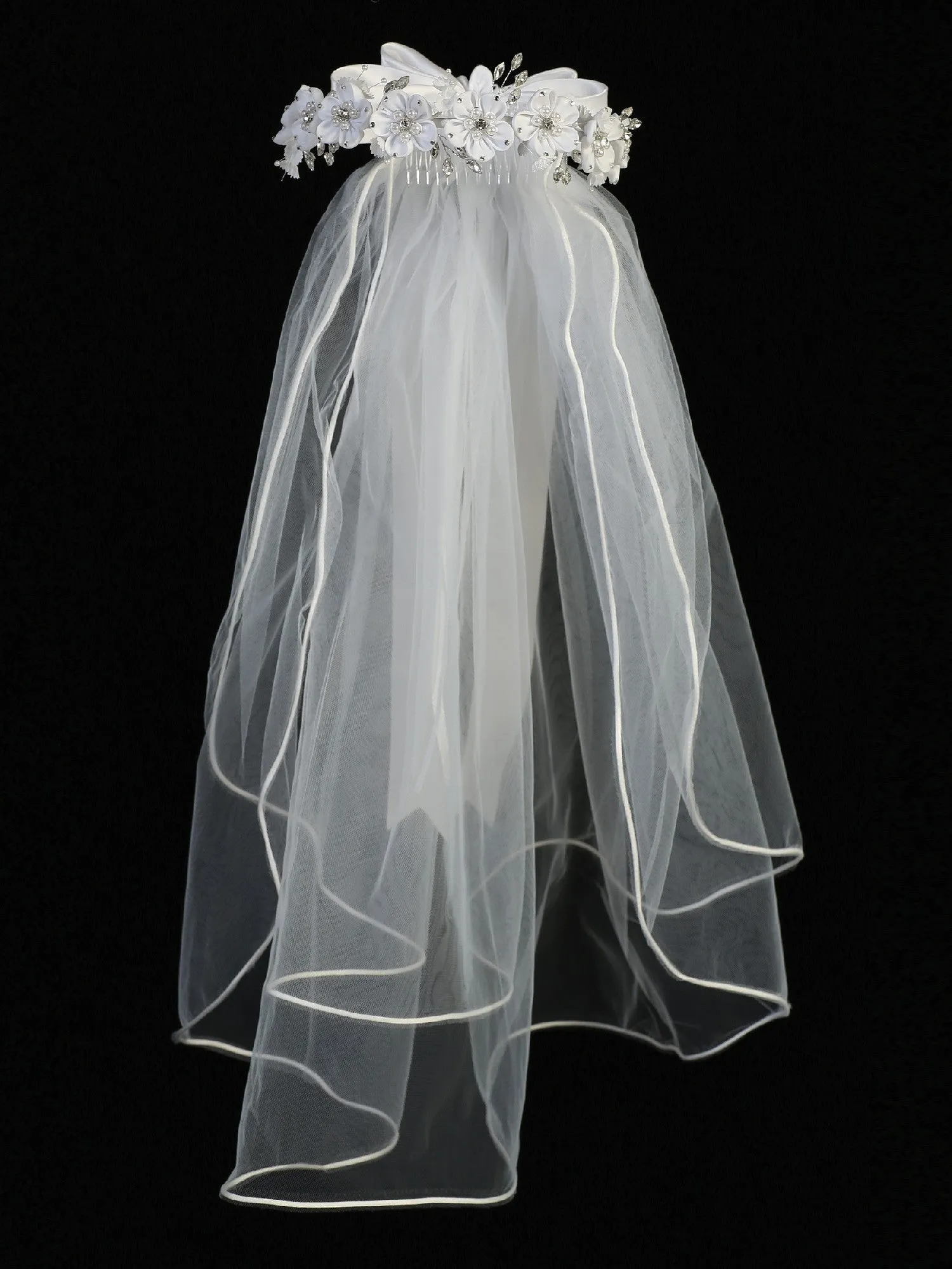 Girls White Satin Flowers Pearls Bow 24 Inch Communion Girl Veil