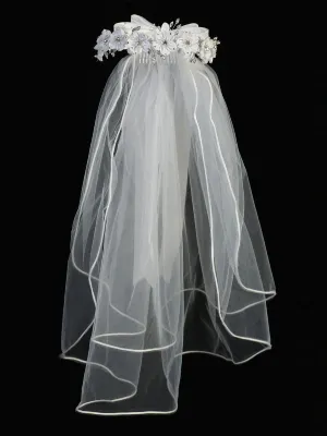 Girls White Satin Flowers Pearls Bow 24 Inch Communion Girl Veil