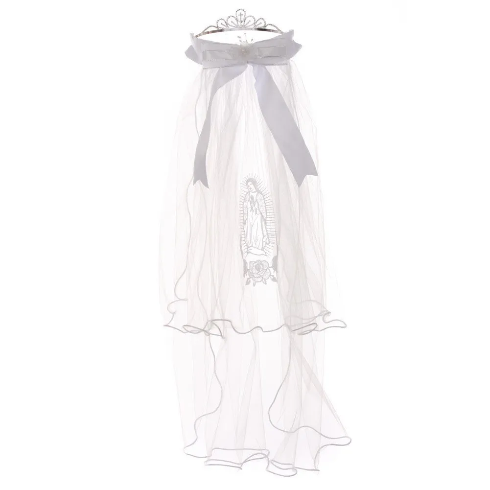 Girls White Virgin Mary Embroidery Communion Flower Girl Tiara Veil