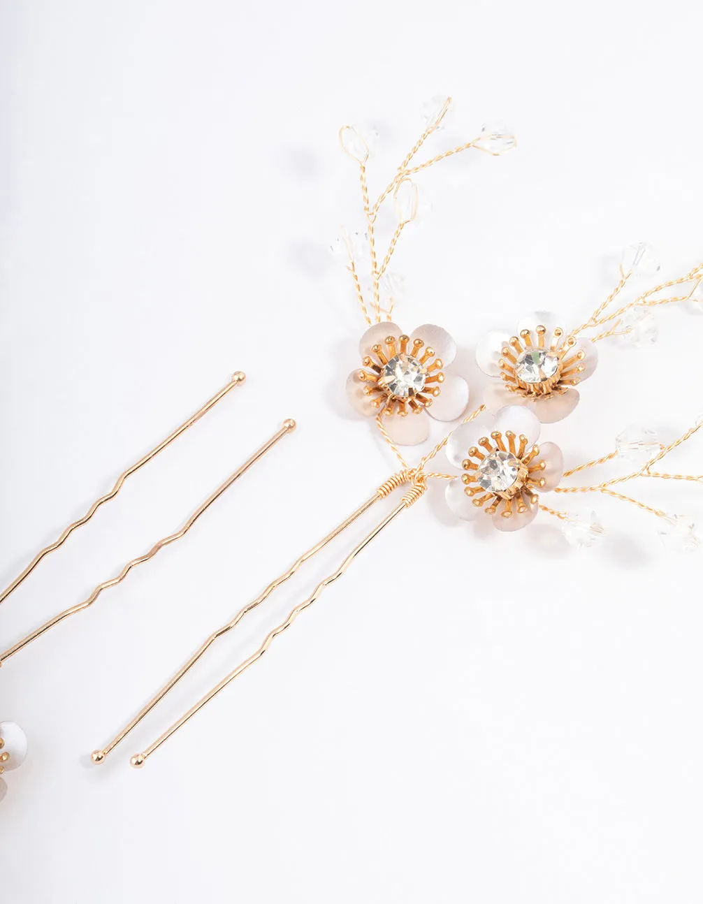 Gold Diamante Flower Hair Pins Pack