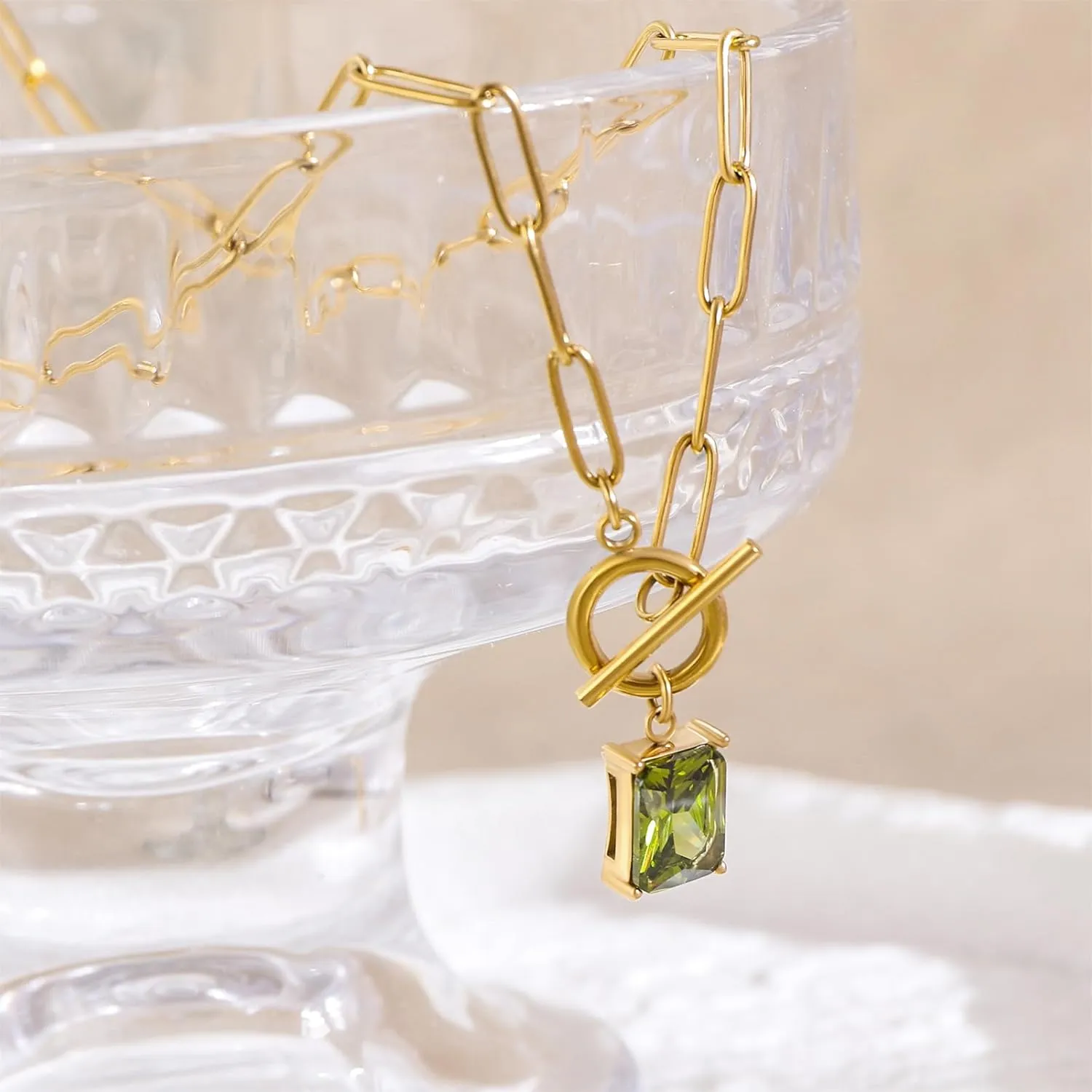 Gold Paperclip Toggle Necklace Natural Stone/Emerald Cut Birthstone Pendant Paper Clip Chain Necklace Toggle Paperclip Jewelry Birthday Gift for Women