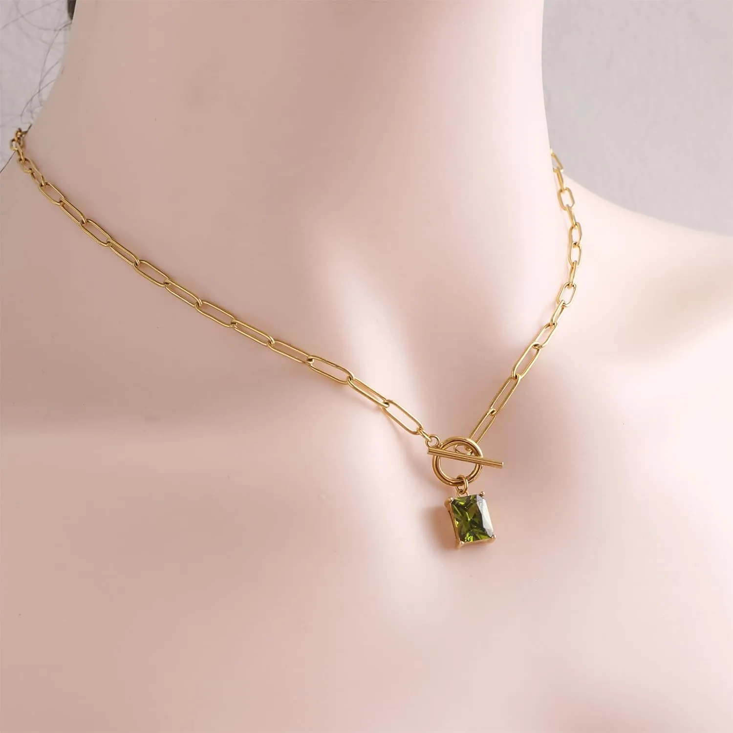 Gold Paperclip Toggle Necklace Natural Stone/Emerald Cut Birthstone Pendant Paper Clip Chain Necklace Toggle Paperclip Jewelry Birthday Gift for Women