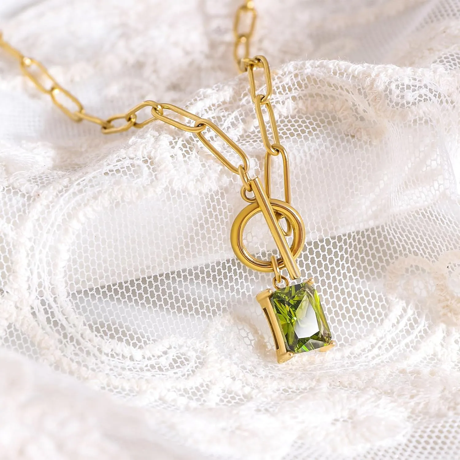 Gold Paperclip Toggle Necklace Natural Stone/Emerald Cut Birthstone Pendant Paper Clip Chain Necklace Toggle Paperclip Jewelry Birthday Gift for Women
