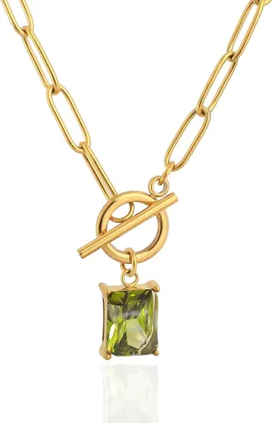 Gold Paperclip Toggle Necklace Natural Stone/Emerald Cut Birthstone Pendant Paper Clip Chain Necklace Toggle Paperclip Jewelry Birthday Gift for Women