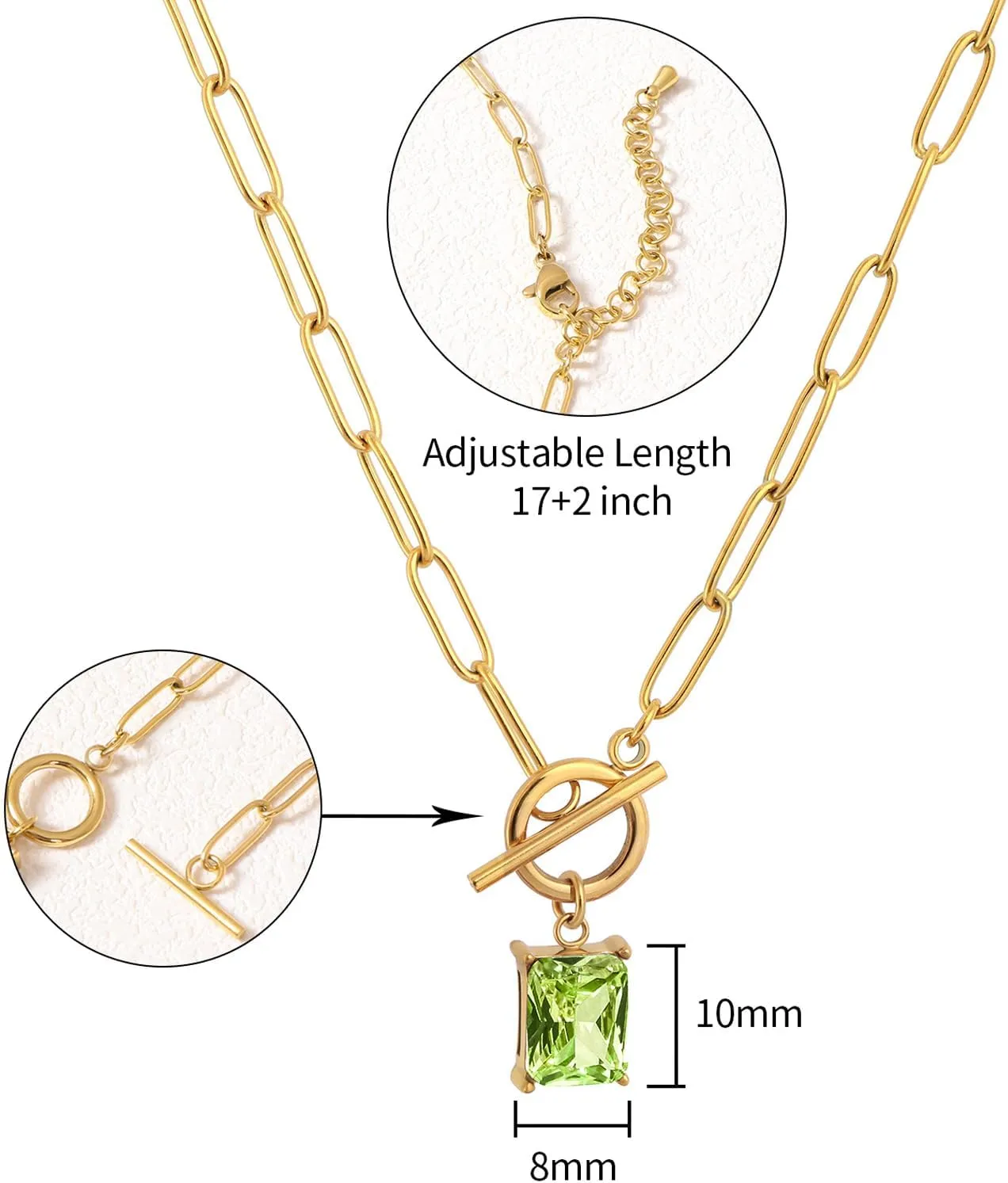 Gold Paperclip Toggle Necklace Natural Stone/Emerald Cut Birthstone Pendant Paper Clip Chain Necklace Toggle Paperclip Jewelry Birthday Gift for Women