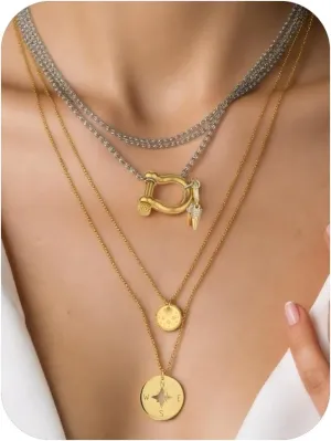 Gold Silver Layered Toggle Necklaces for Women 4 Set,18K Gold Plated Dainty Link Chain Necklaces Stainless Steel Compass Cuban Necklaces Choker Chunky Necklaces for Women Trendy Jewelry Gift