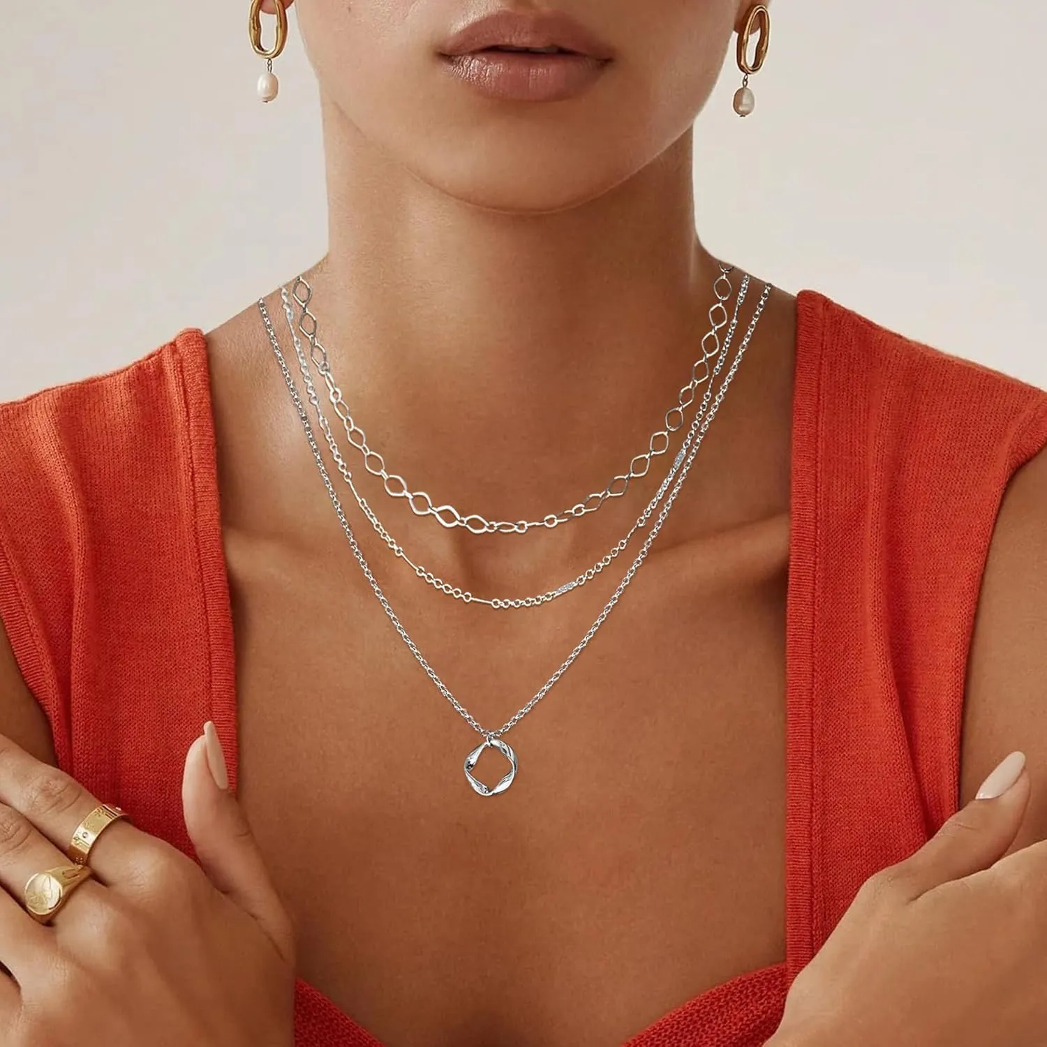 Gold/Silver Layered Necklaces for Women,Dainty Gold/Silver Stackable Chain Necklace Sets,Layering Pendant Choker Necklace Trendy Jewelry