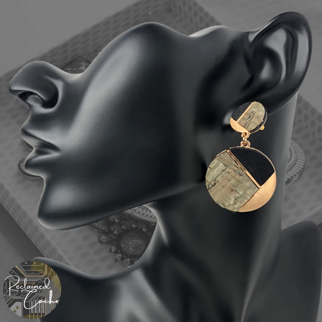 Gray, Black, and Gold Geometric Circle Earrings