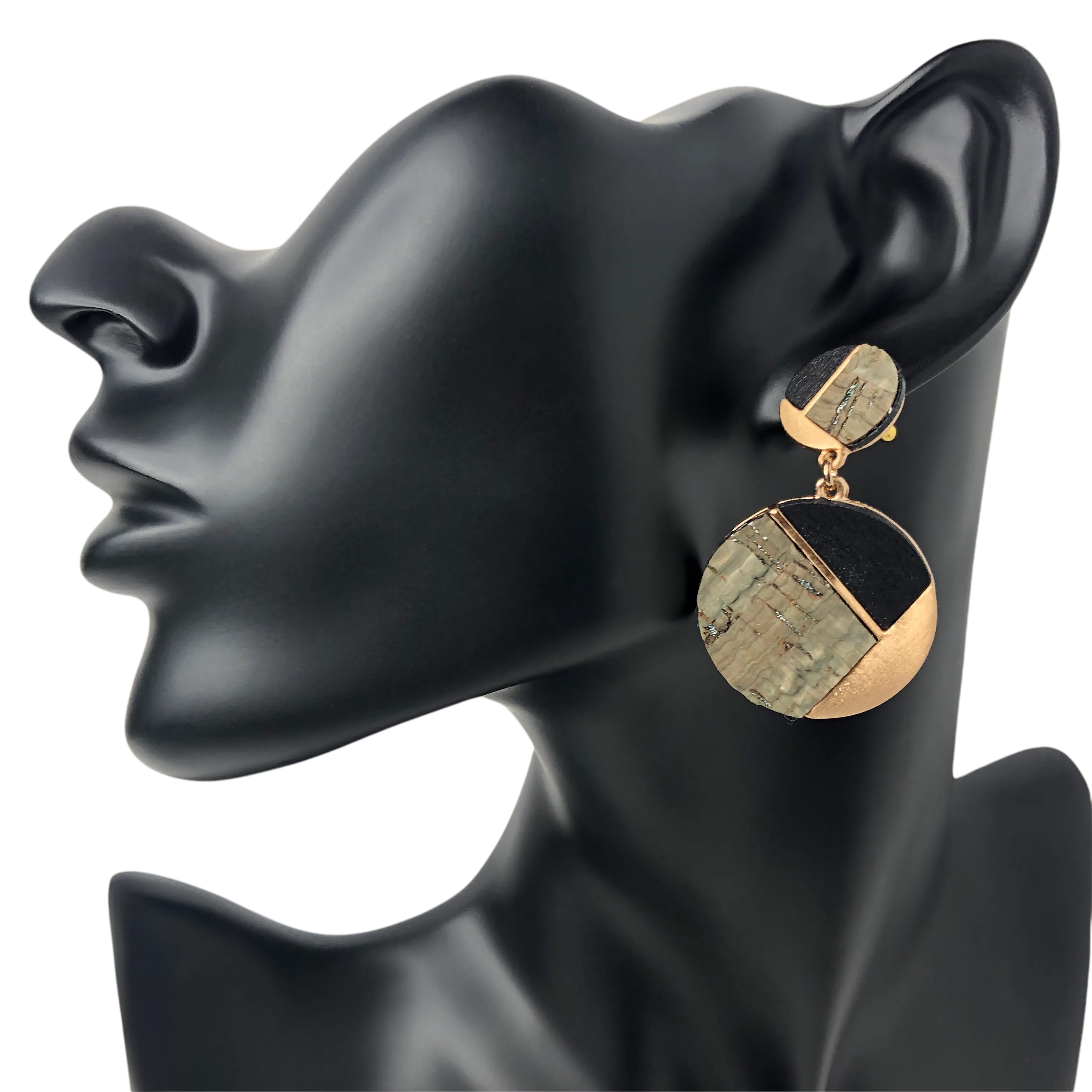 Gray, Black, and Gold Geometric Circle Earrings