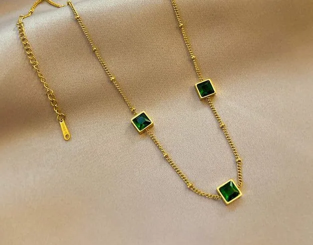 Green Zircon Necklace Stainless Steel Charm Jewelry NCJT36